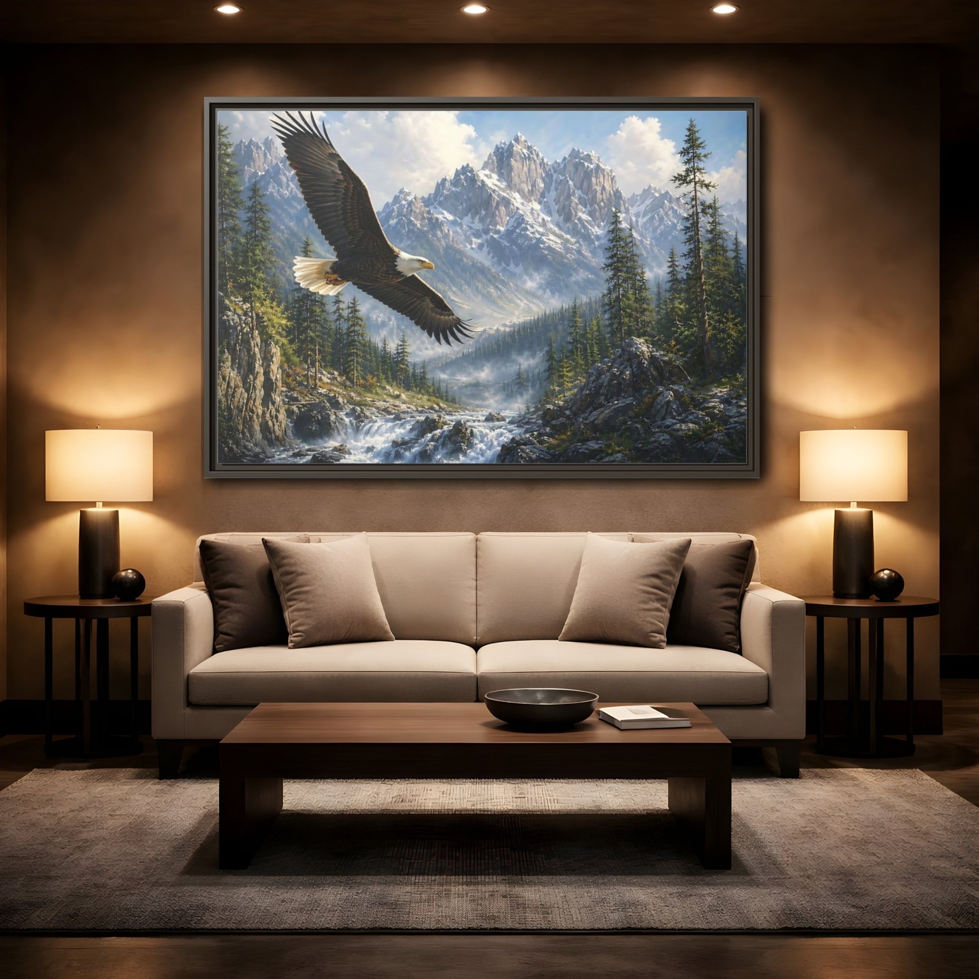 Mockup 2. Nature Bald Eagle Eagle Mountain River shown as stretched canvas wall art