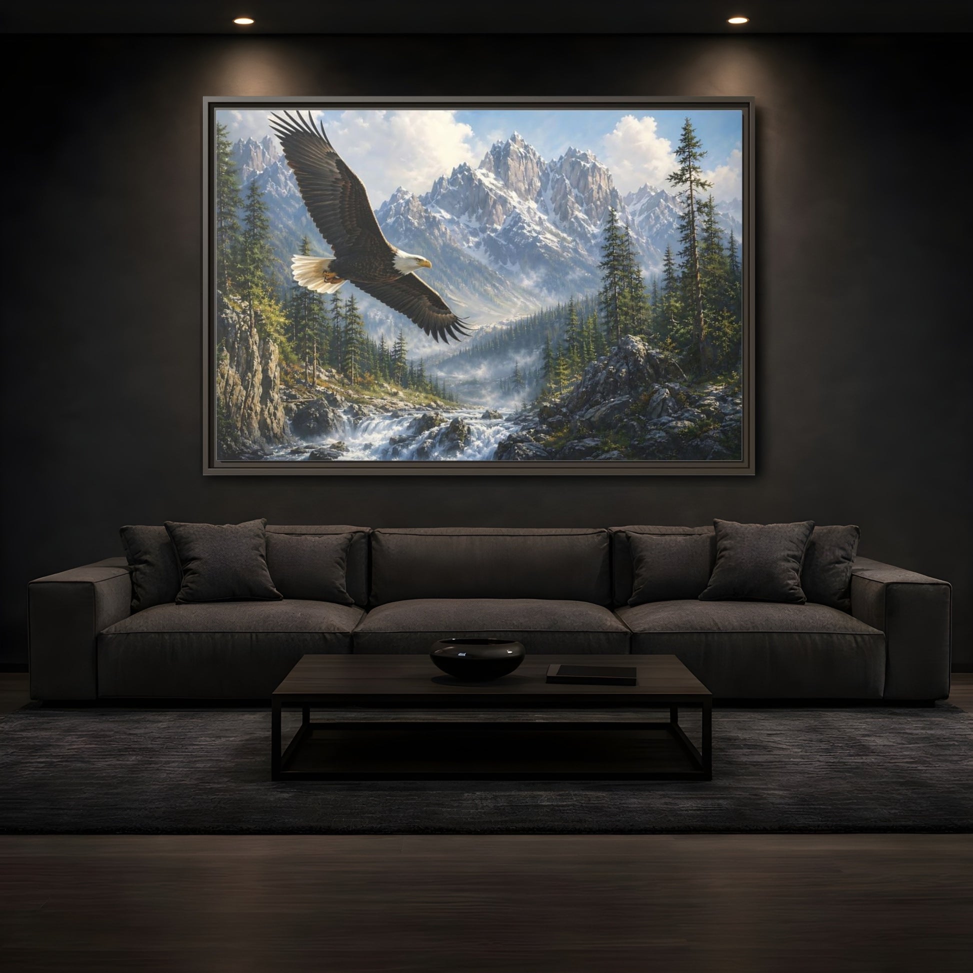 Mockup 3. Nature Bald Eagle Eagle Mountain River shown as stretched canvas wall art