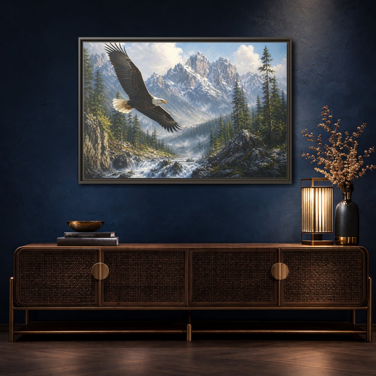 Mockup 4. Nature Bald Eagle Eagle Mountain River shown as stretched canvas wall art