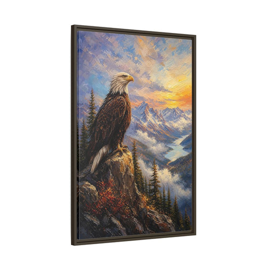 Main Mockup. Nature Bald Eagle Eagle Mountain Sunset shown as stretched canvas wall art
