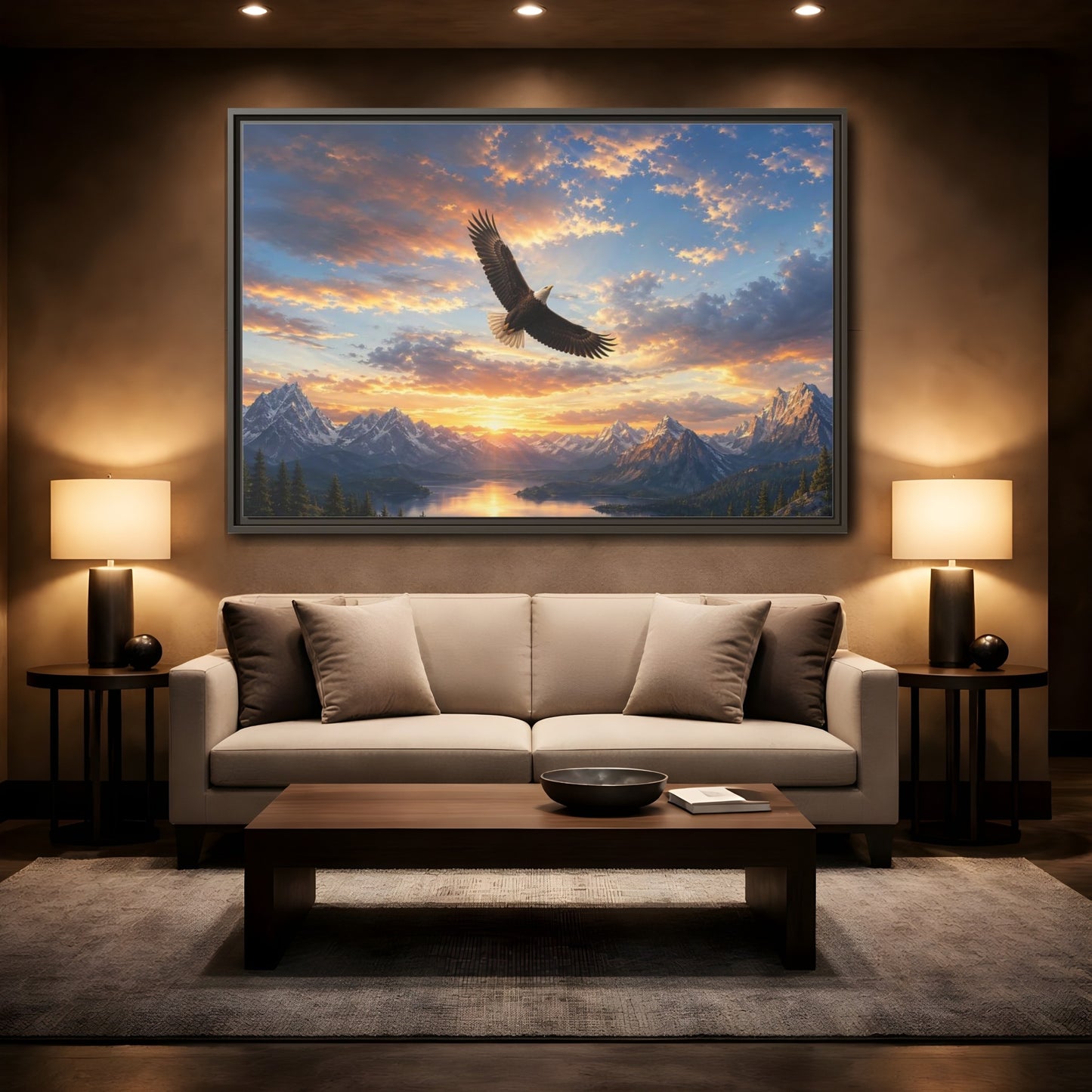 Mockup 2. Nature Bald Eagle Eagle Mountain Sunset shown as stretched canvas wall art