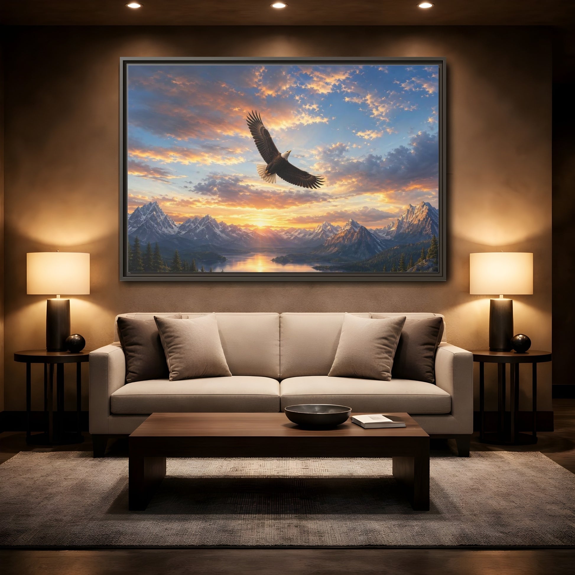 Mockup 2. Nature Bald Eagle Eagle Mountain Sunset shown as stretched canvas wall art