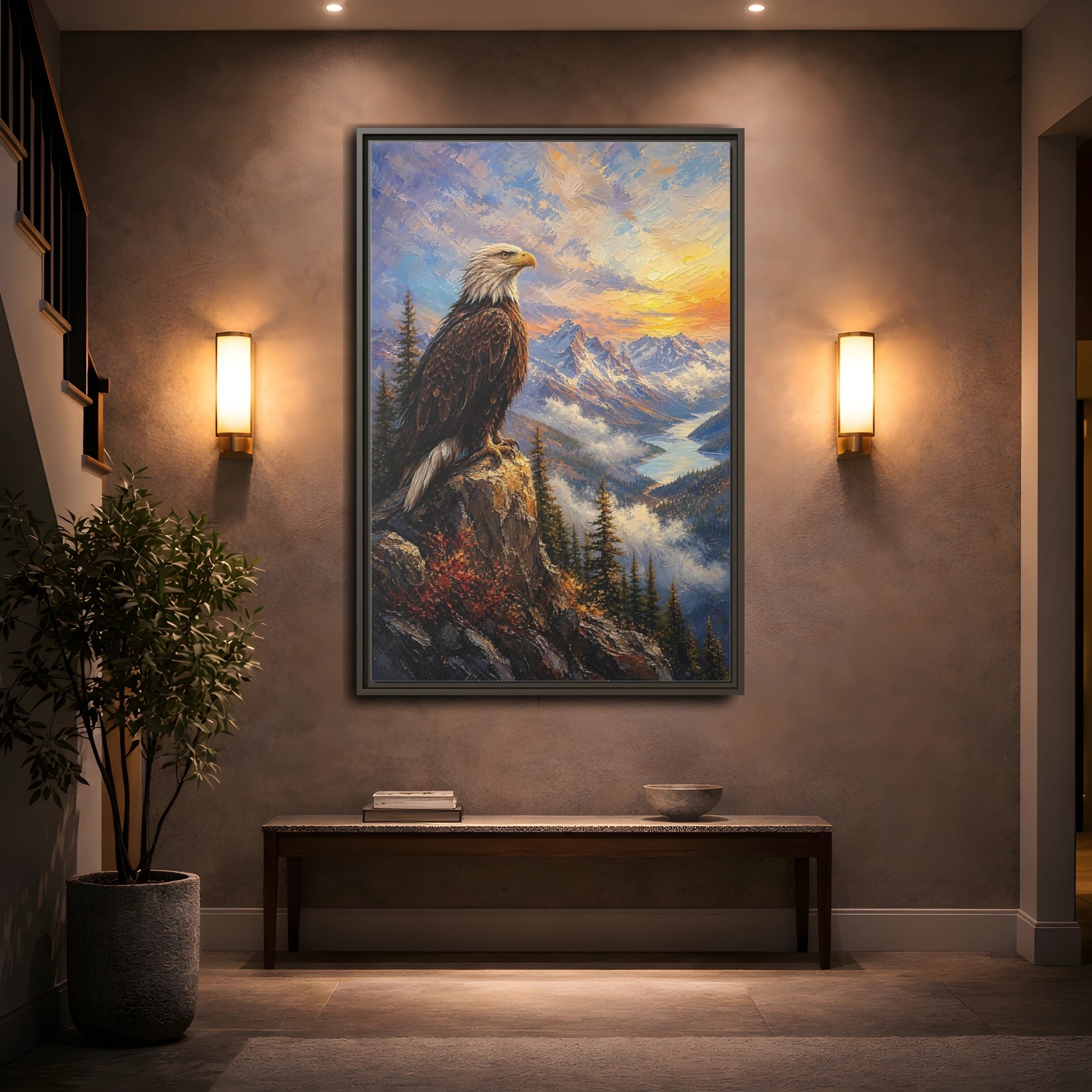Mockup 2. Nature Bald Eagle Eagle Mountain Sunset shown as stretched canvas wall art
