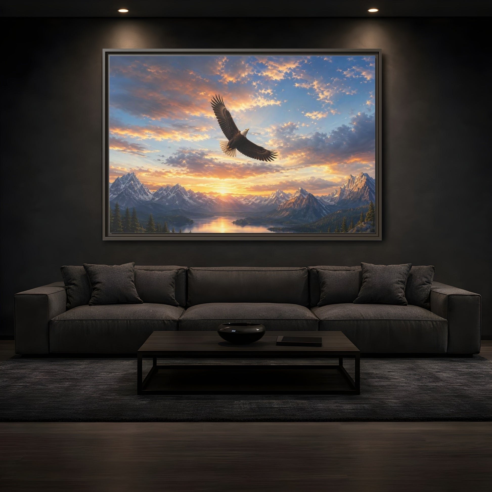 Mockup 3. Nature Bald Eagle Eagle Mountain Sunset shown as stretched canvas wall art