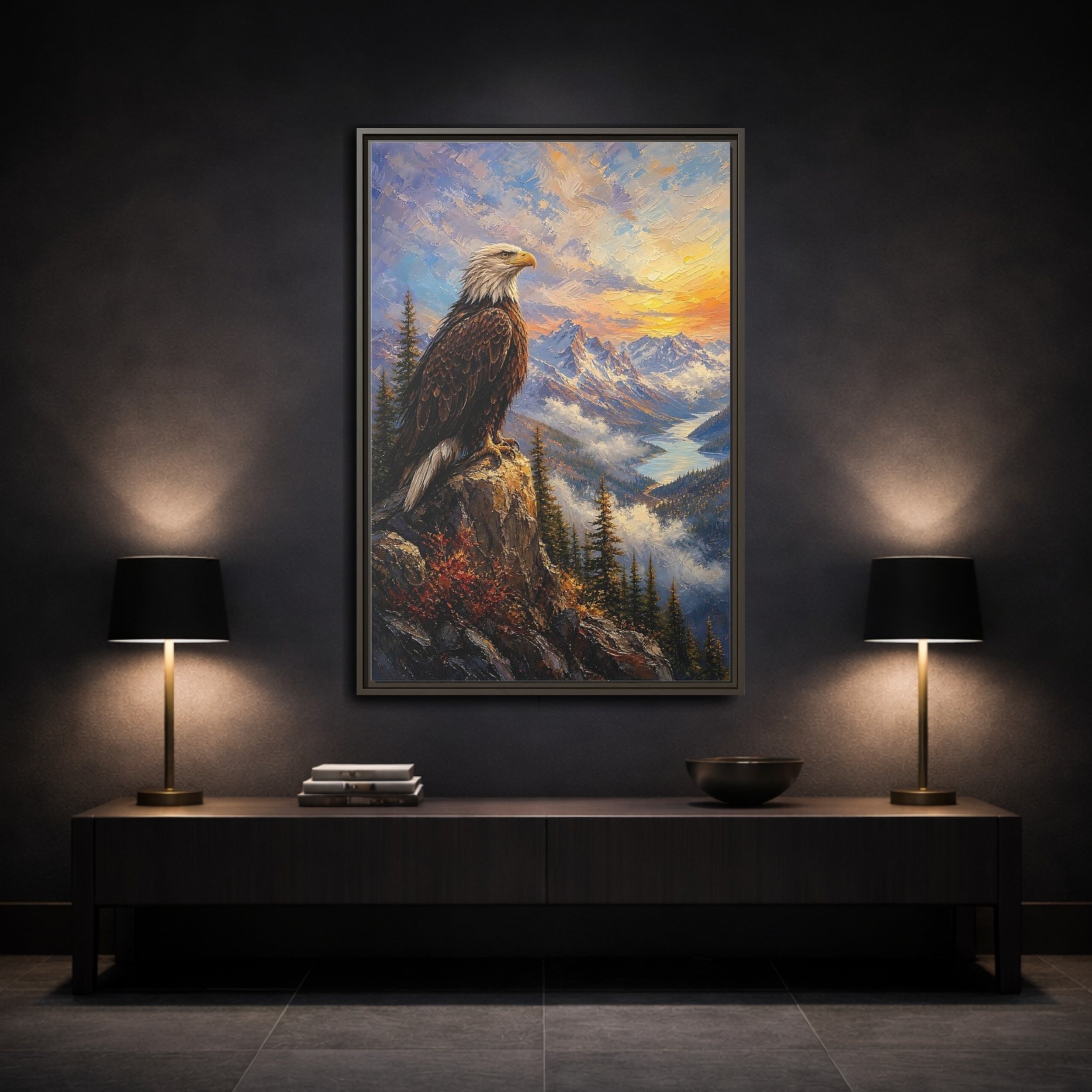 Mockup 3. Nature Bald Eagle Eagle Mountain Sunset shown as stretched canvas wall art