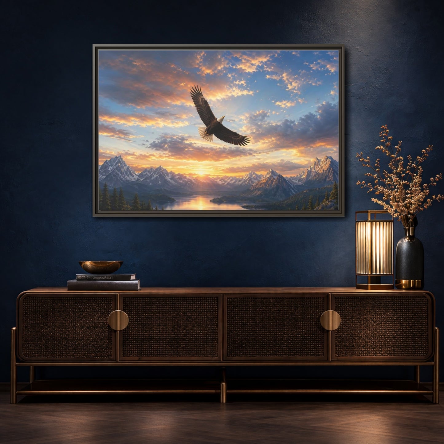 Mockup 4. Nature Bald Eagle Eagle Mountain Sunset shown as stretched canvas wall art