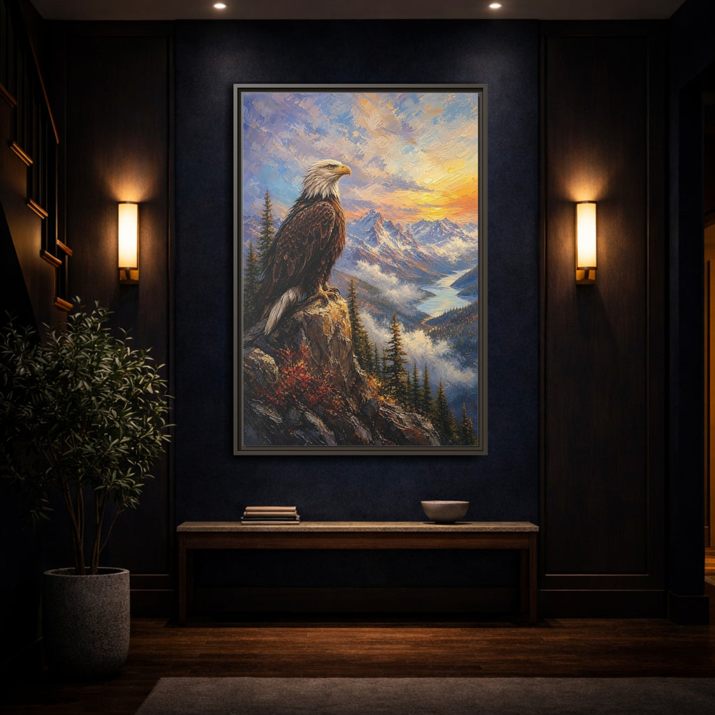 Mockup 4. Nature Bald Eagle Eagle Mountain Sunset shown as stretched canvas wall art
