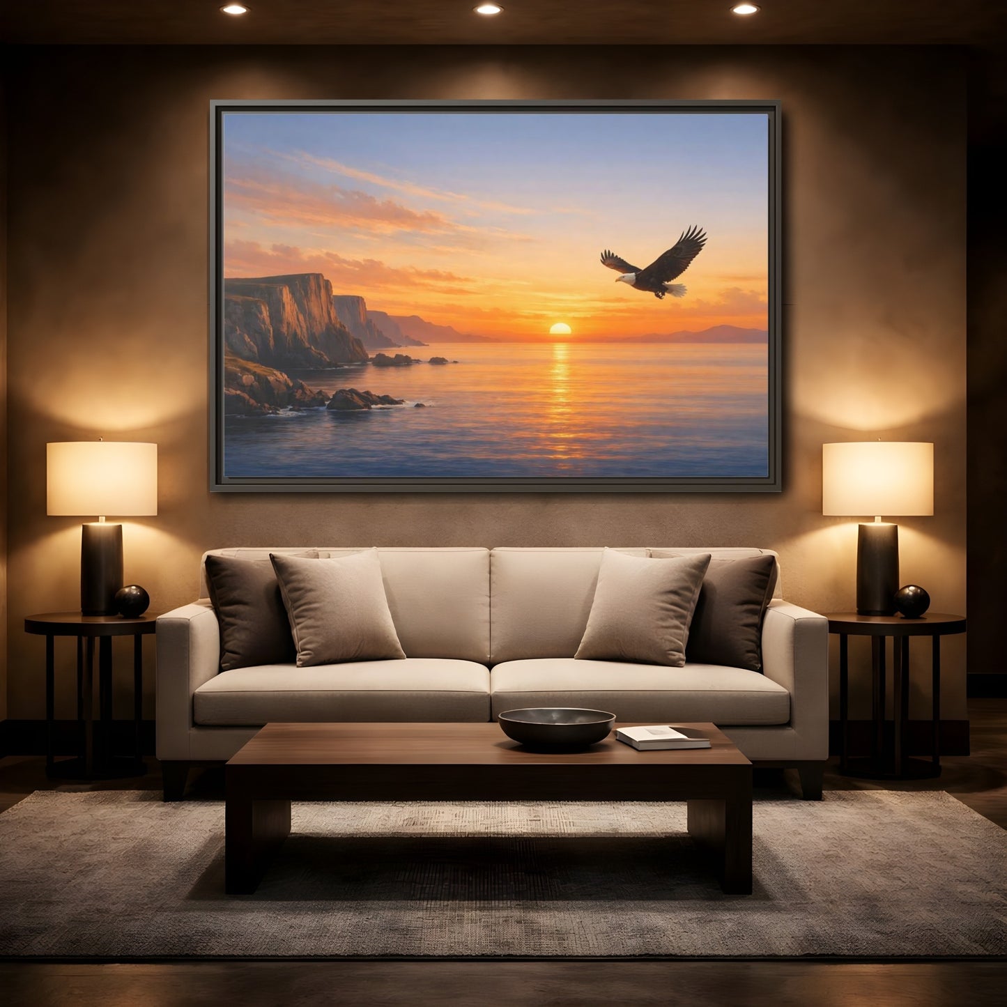 Mockup 2. Nature Bald Eagle Golden Eagle Sunset shown as stretched canvas wall art