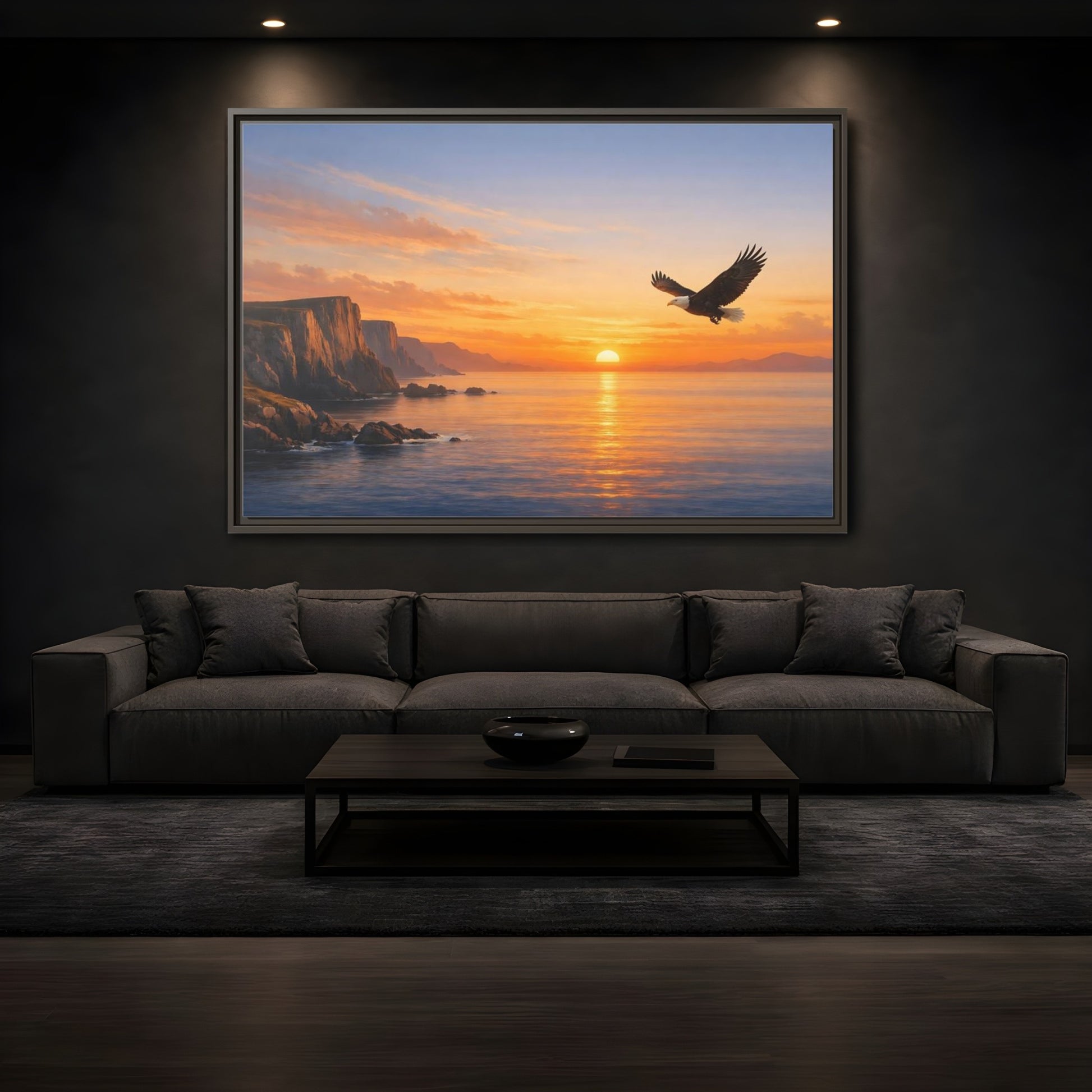 Mockup 3. Nature Bald Eagle Golden Eagle Sunset shown as stretched canvas wall art