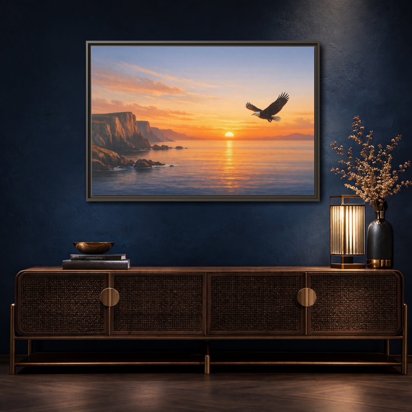 Mockup 4. Nature Bald Eagle Golden Eagle Sunset shown as stretched canvas wall art