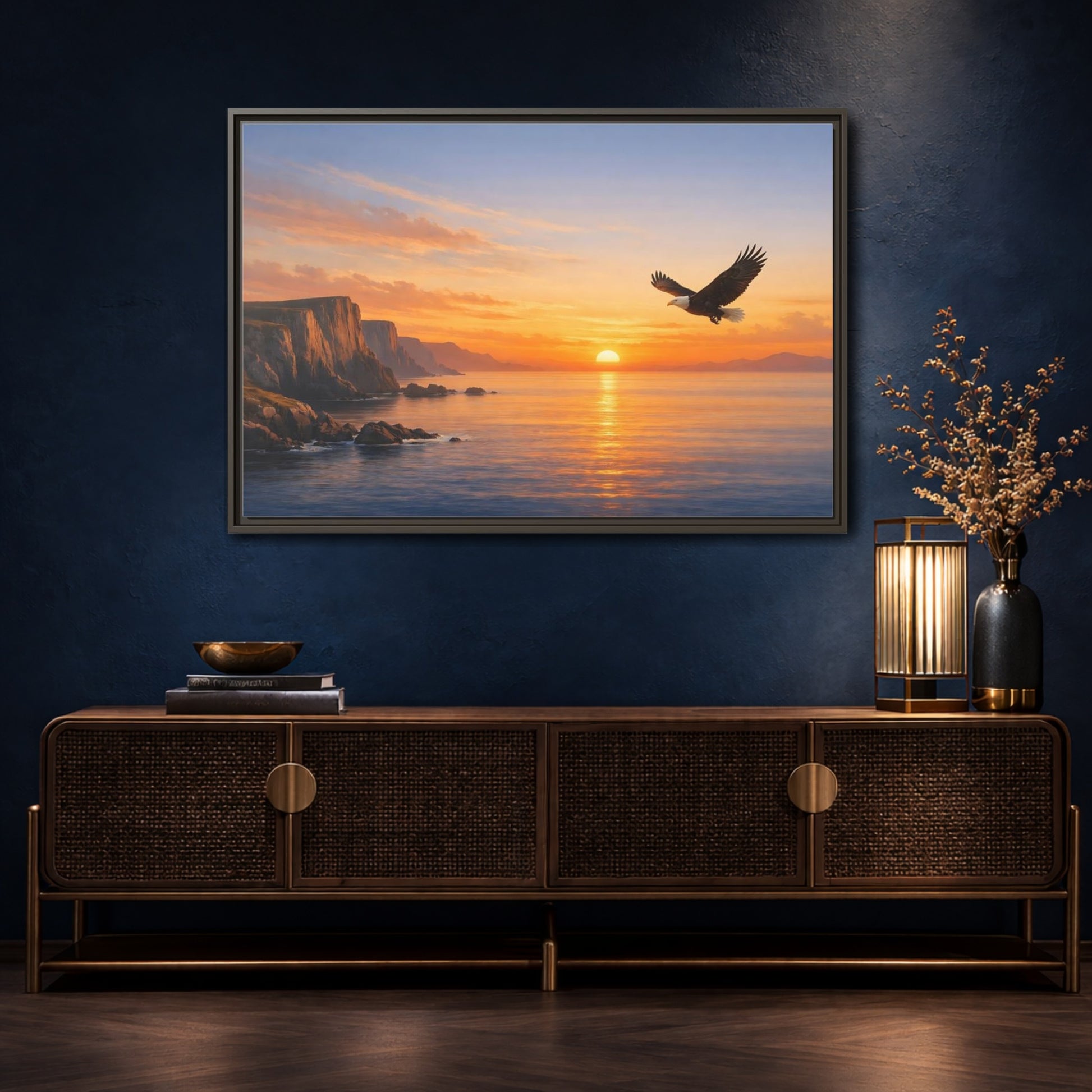 Mockup 4. Nature Bald Eagle Golden Eagle Sunset shown as stretched canvas wall art