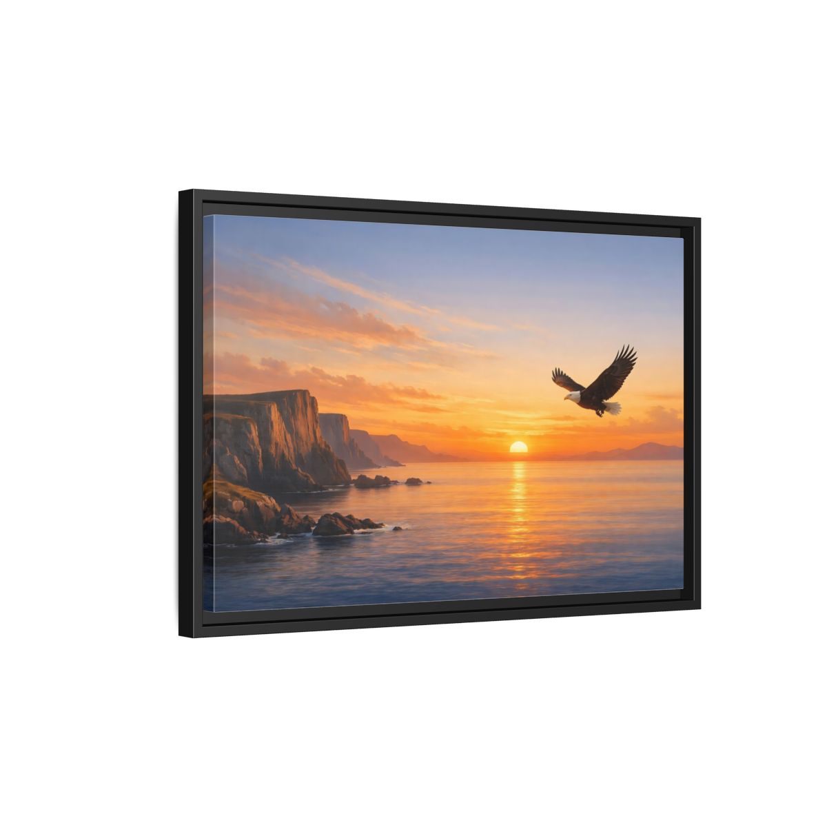 Side Mockup 3. Nature Bald Eagle Golden Eagle Sunset shown as stretched canvas wall art