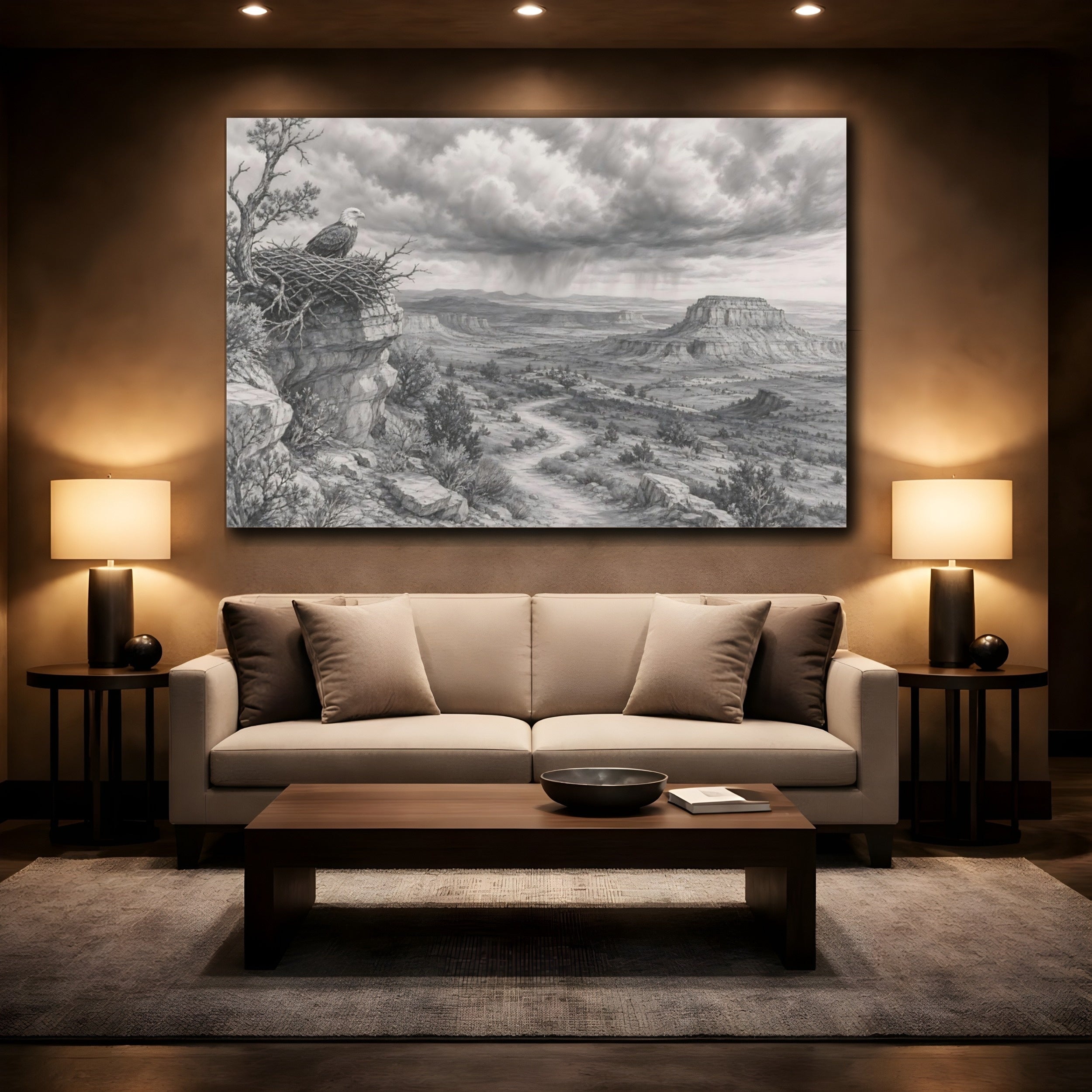 Mockup 2. Nature Bald Eagle Grey Nature Landscape shown as stretched canvas wall art