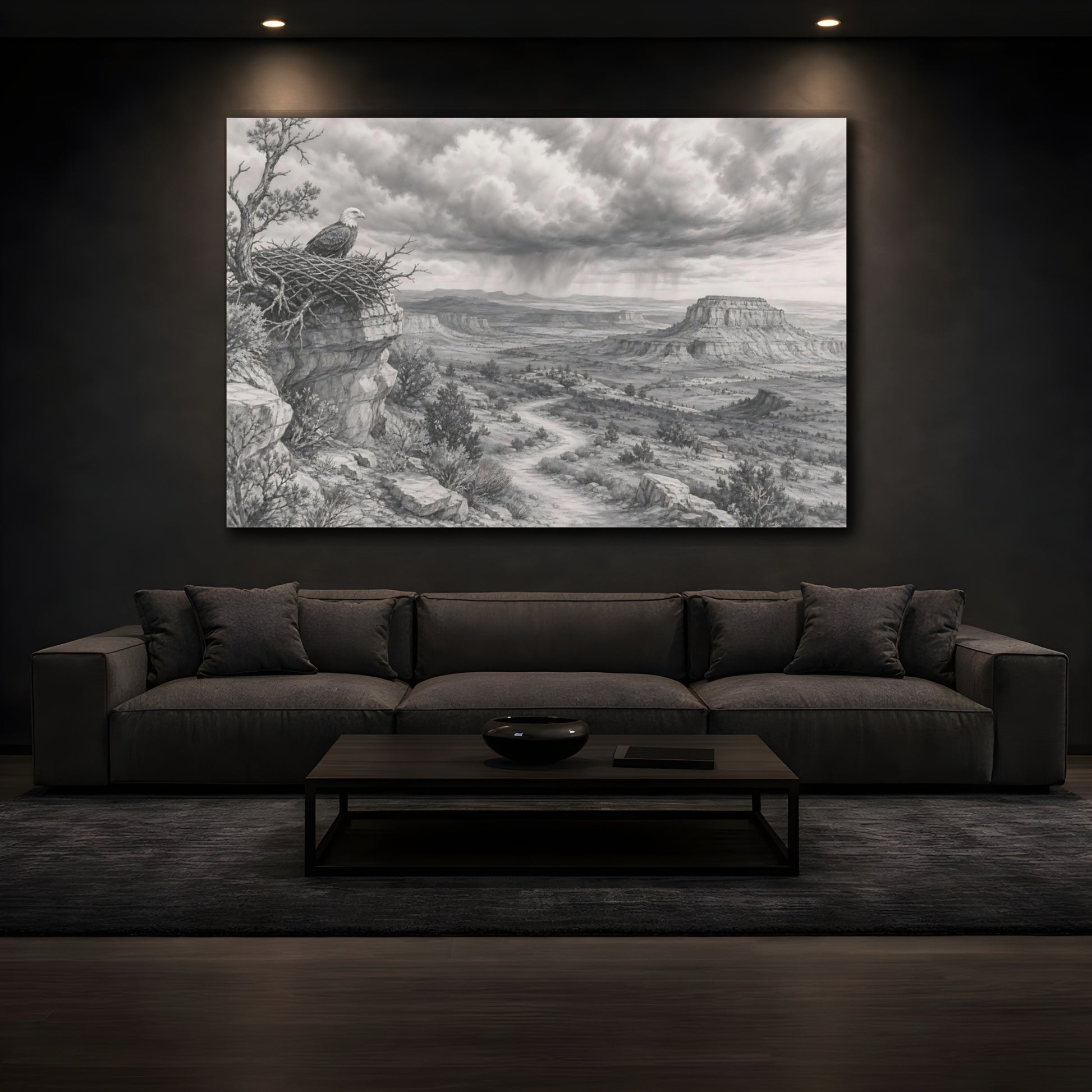 Mockup 3. Nature Bald Eagle Grey Nature Landscape shown as stretched canvas wall art