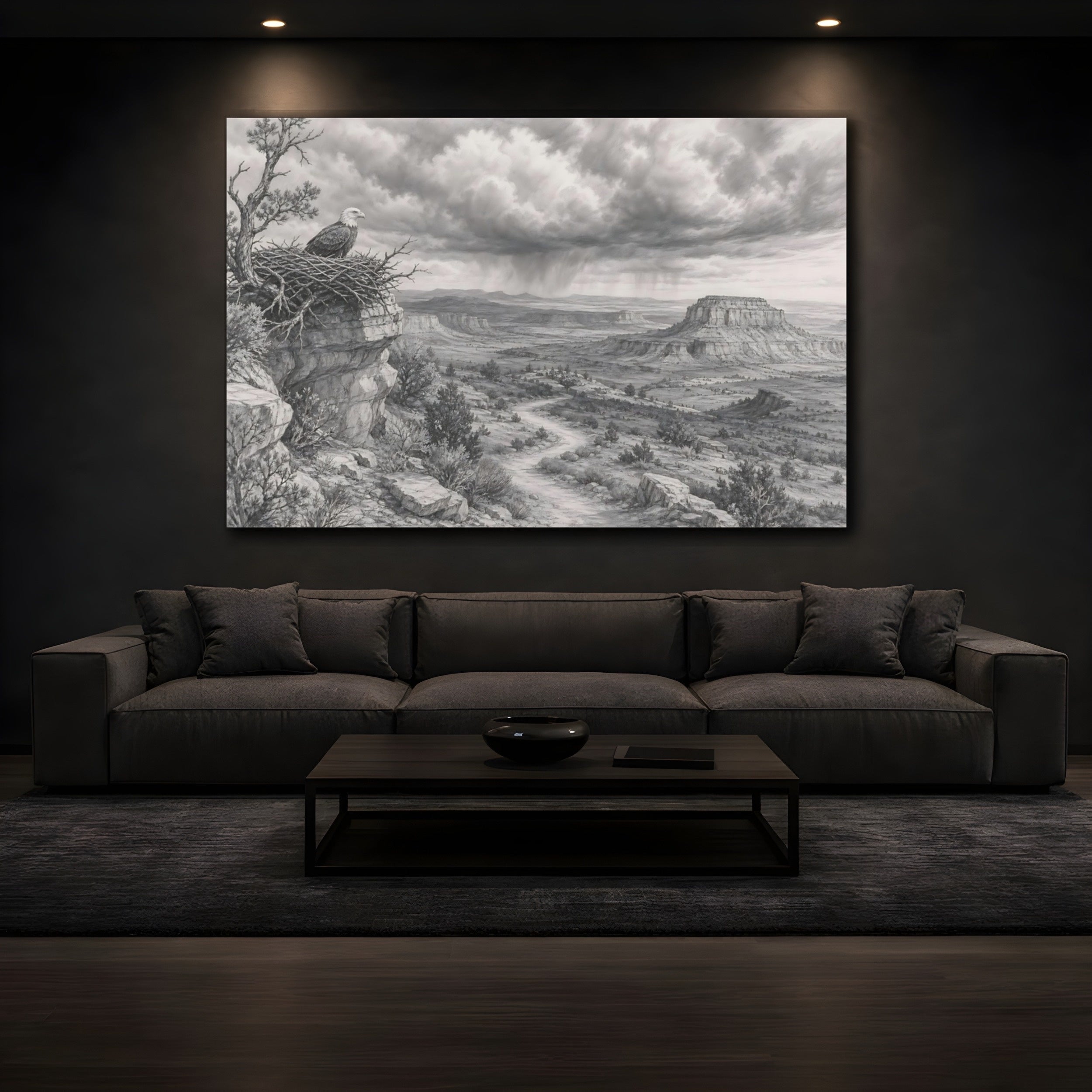 Mockup 3. Nature Bald Eagle Grey Nature Landscape shown as stretched canvas wall art