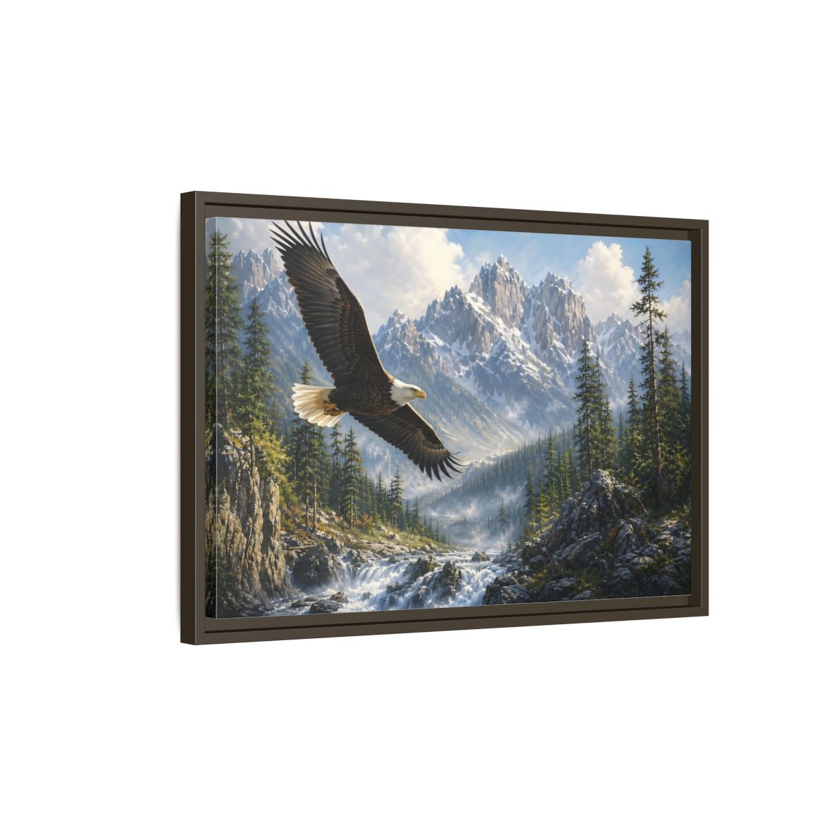 Side Mockup 2. Nature Bald Eagle Eagle Mountain River shown as stretched canvas wall art