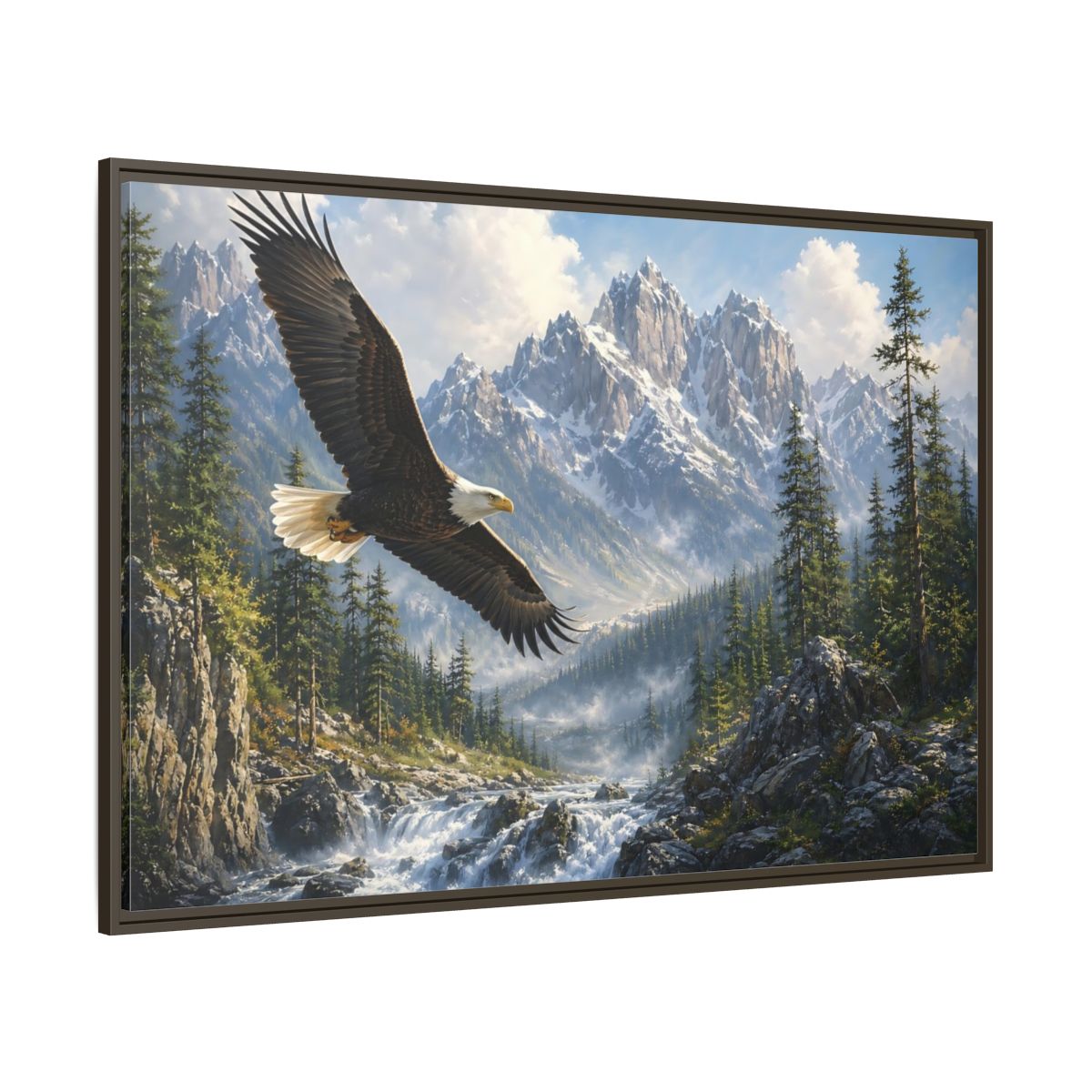 Side Mockup 8. Nature Bald Eagle Eagle Mountain River shown as stretched canvas wall art