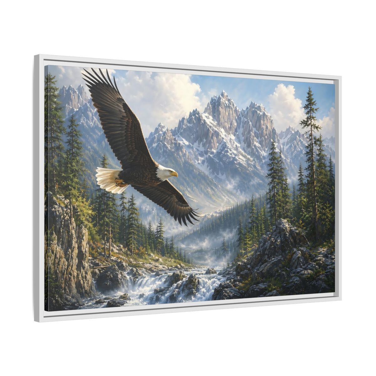 Side Mockup 9. Nature Bald Eagle Eagle Mountain River shown as stretched canvas wall art