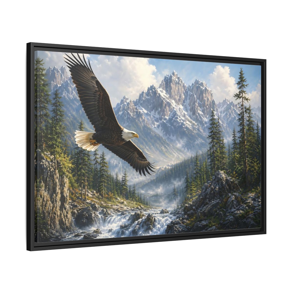 Side Mockup 13. Nature Bald Eagle Eagle Mountain River shown as stretched canvas wall art