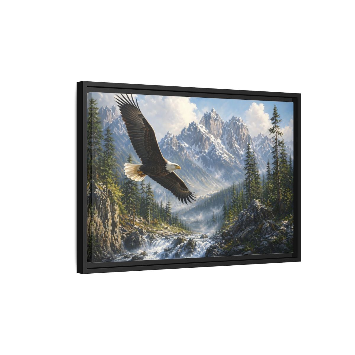 Side Mockup 3. Nature Bald Eagle Eagle Mountain River shown as stretched canvas wall art