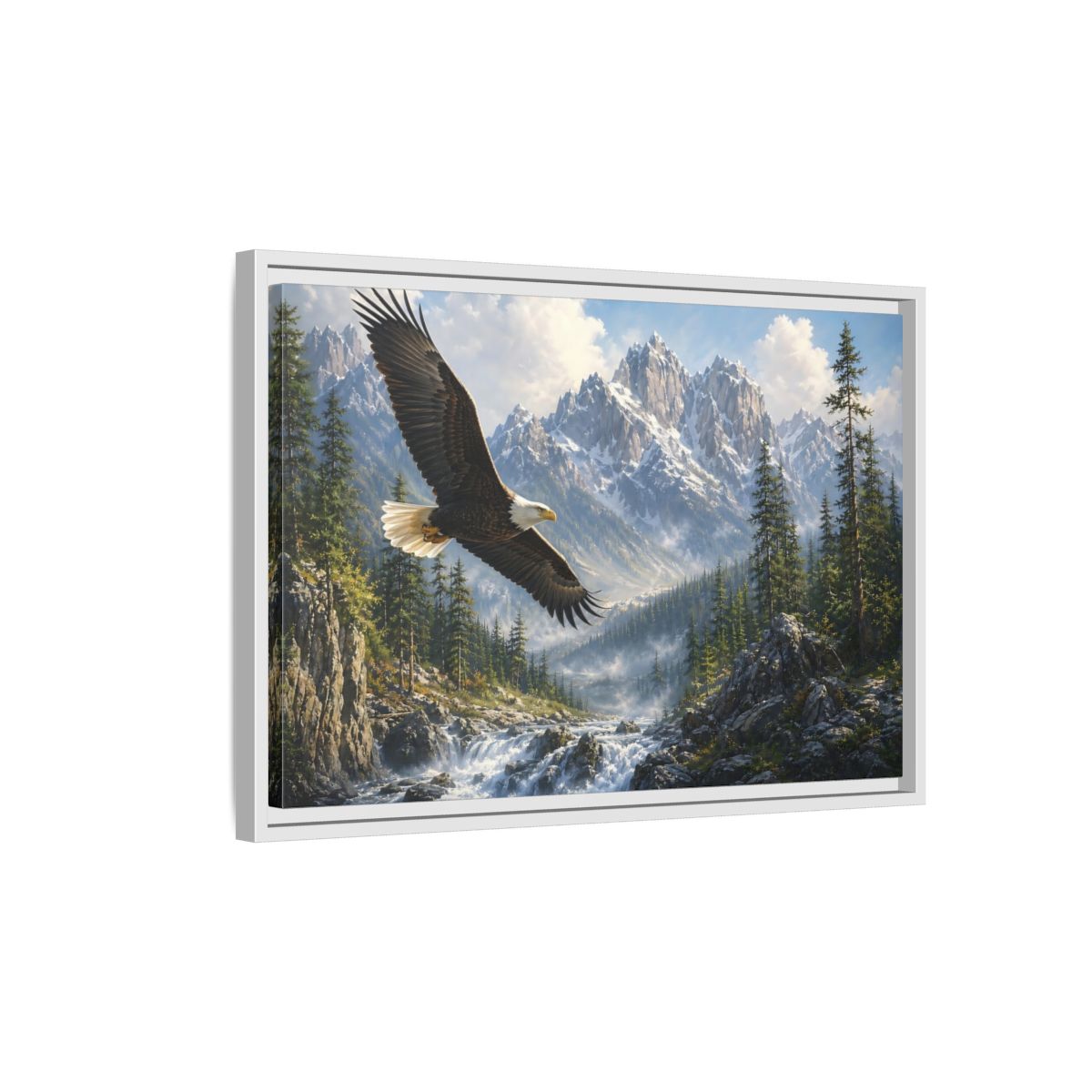 Side Mockup 1. Nature Bald Eagle Eagle Mountain River shown as stretched canvas wall art