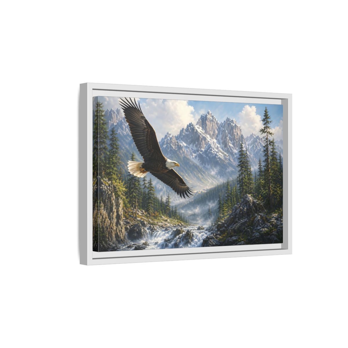 Side Mockup 4. Nature Bald Eagle Eagle Mountain River shown as stretched canvas wall art