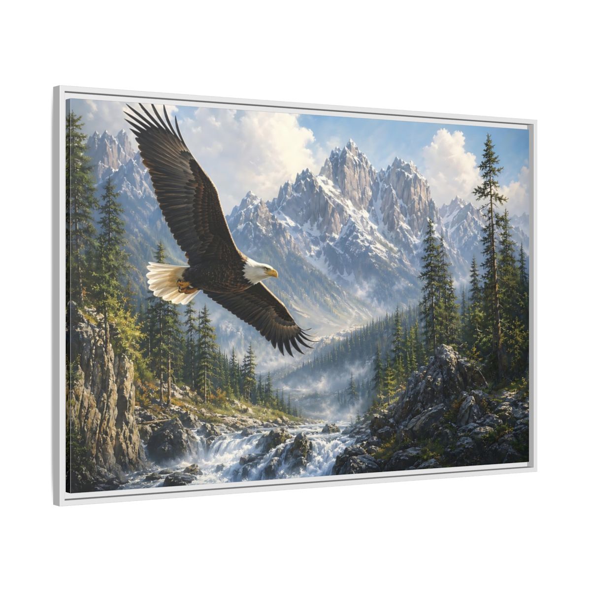Side Mockup 7. Nature Bald Eagle Eagle Mountain River shown as stretched canvas wall art