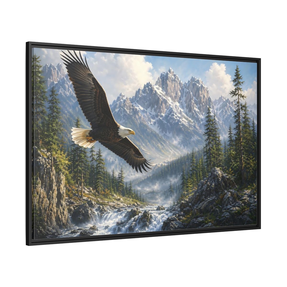 Side Mockup 12. Nature Bald Eagle Eagle Mountain River shown as stretched canvas wall art