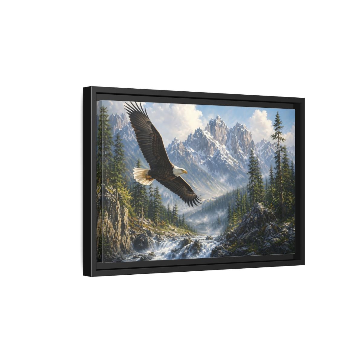 Side Mockup 6. Nature Bald Eagle Eagle Mountain River shown as stretched canvas wall art