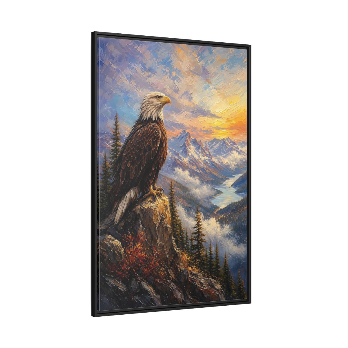 Side Mockup 12. Nature Bald Eagle Eagle Mountain Sunset shown as stretched canvas wall art