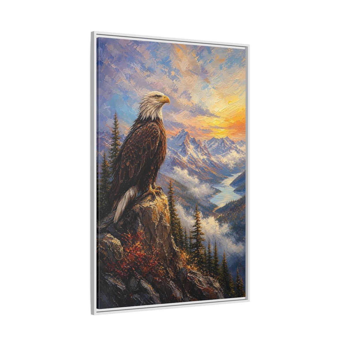 Side Mockup 7. Nature Bald Eagle Eagle Mountain Sunset shown as stretched canvas wall art