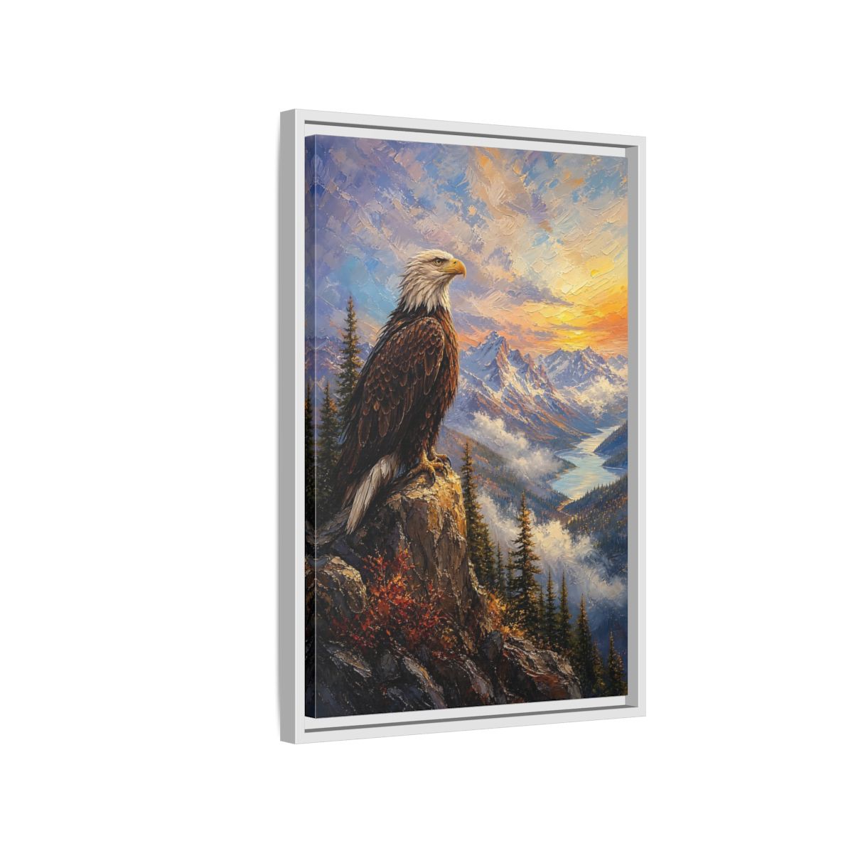 Side Mockup 1. Nature Bald Eagle Eagle Mountain Sunset shown as stretched canvas wall art