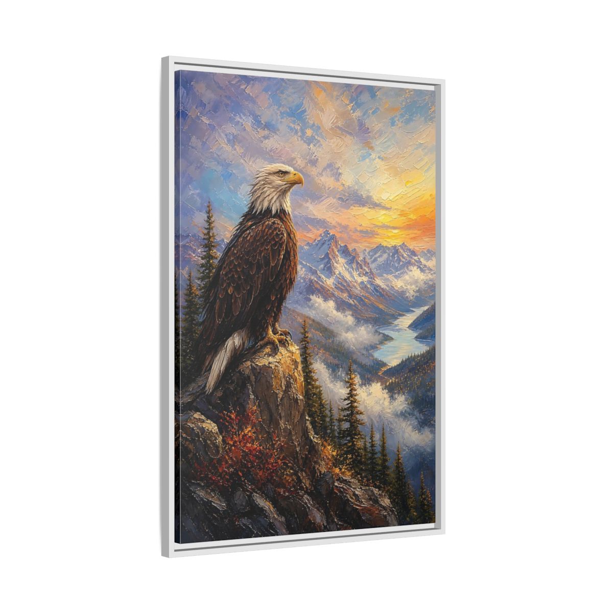 Side Mockup 9. Nature Bald Eagle Eagle Mountain Sunset shown as stretched canvas wall art