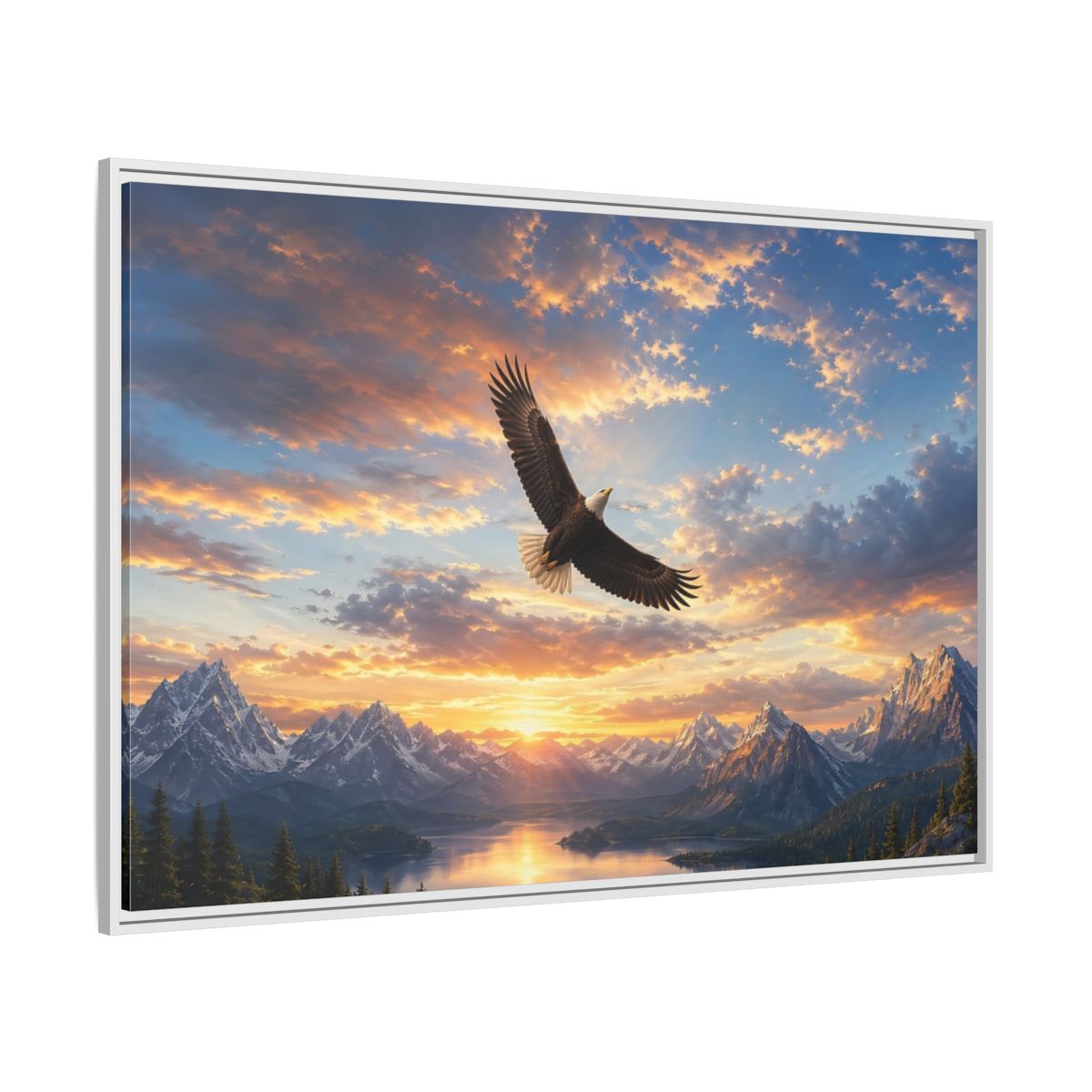 Side Mockup 7. Nature Bald Eagle Eagle Mountain Sunset shown as stretched canvas wall art