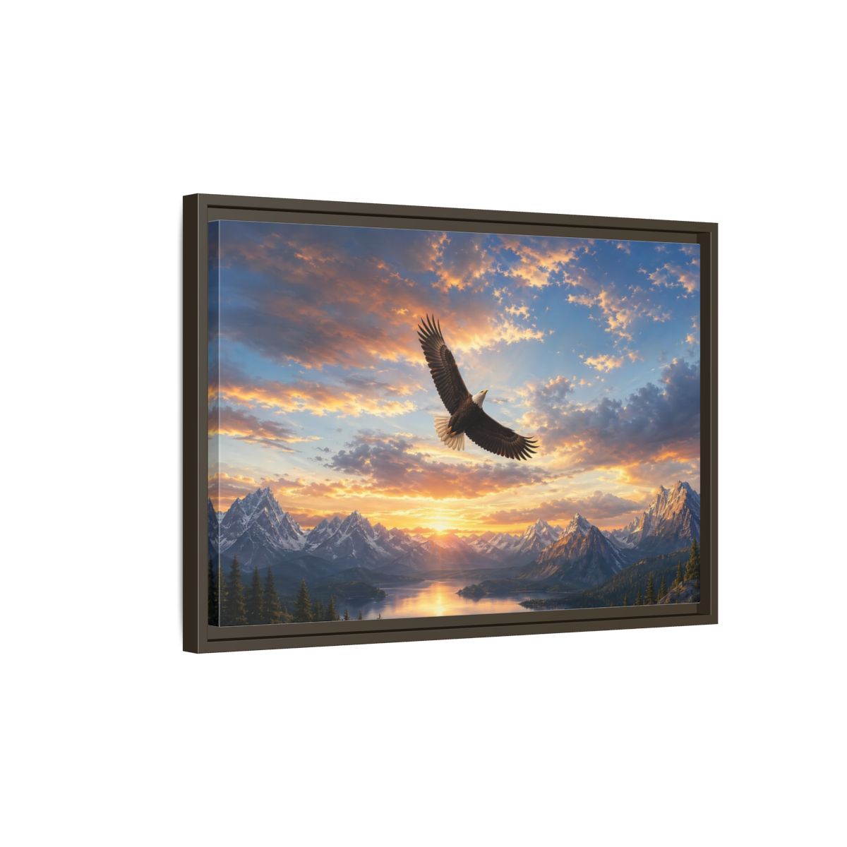 Side Mockup 2. Nature Bald Eagle Eagle Mountain Sunset shown as stretched canvas wall art