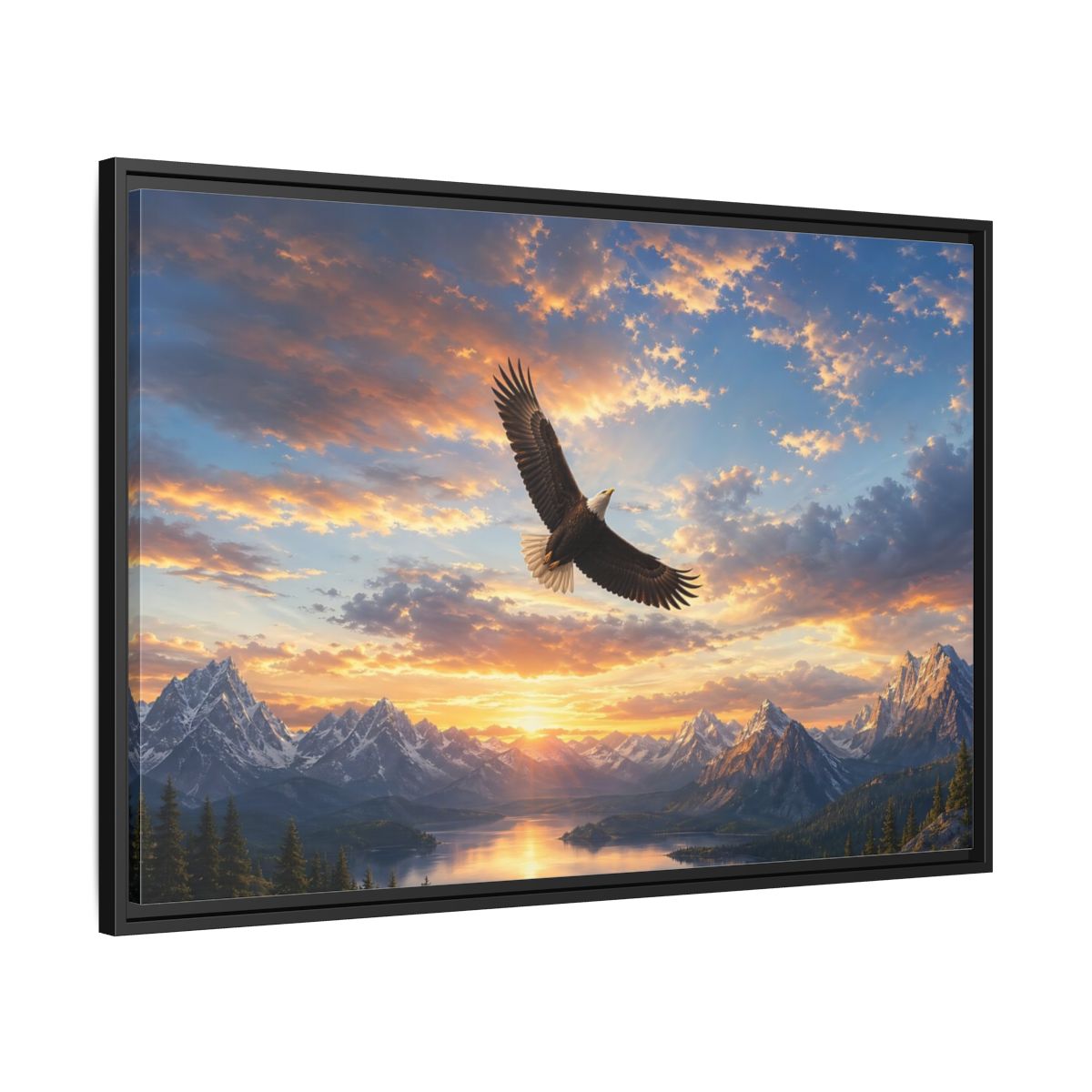 Side Mockup 13. Nature Bald Eagle Eagle Mountain Sunset shown as stretched canvas wall art