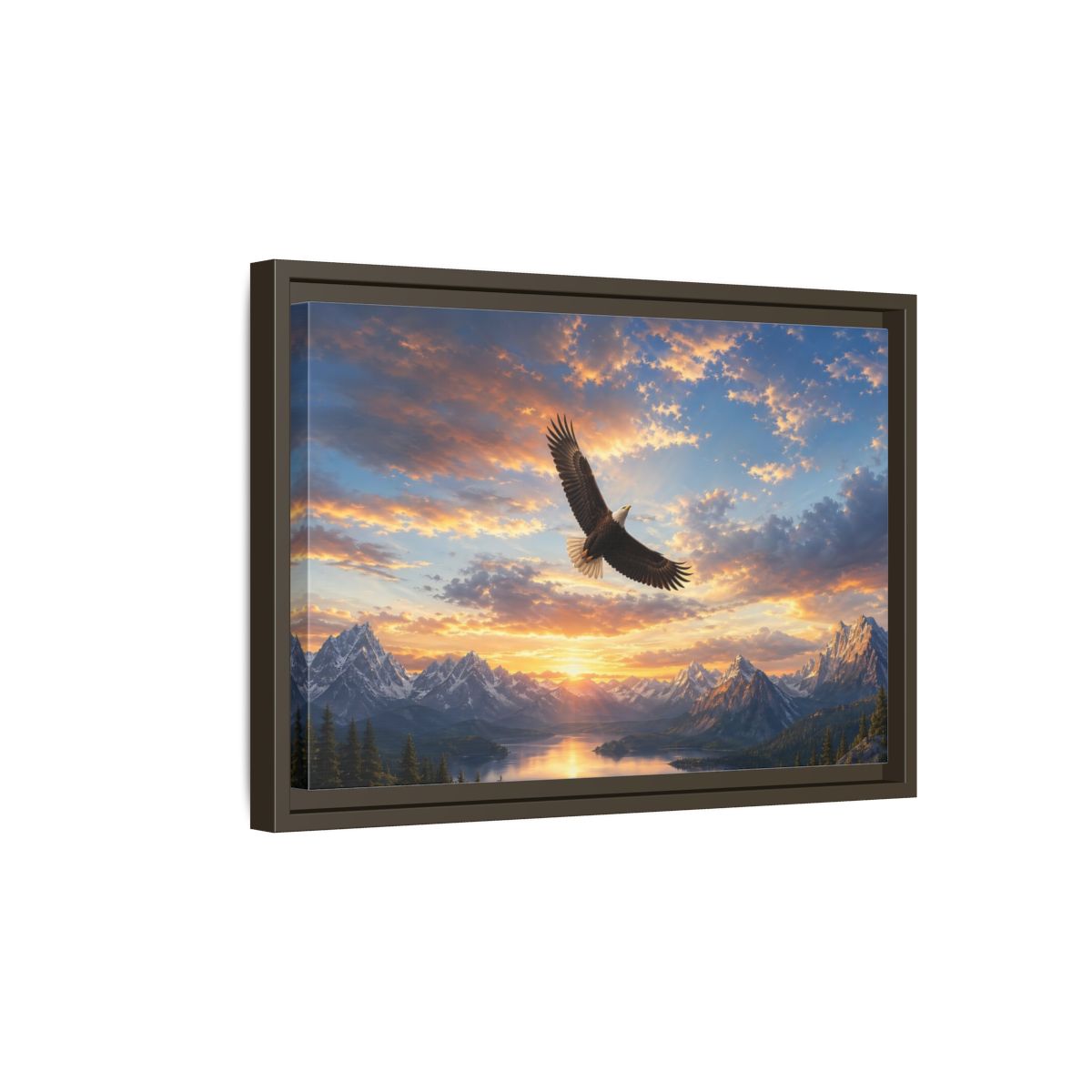 Side Mockup 5. Nature Bald Eagle Eagle Mountain Sunset shown as stretched canvas wall art