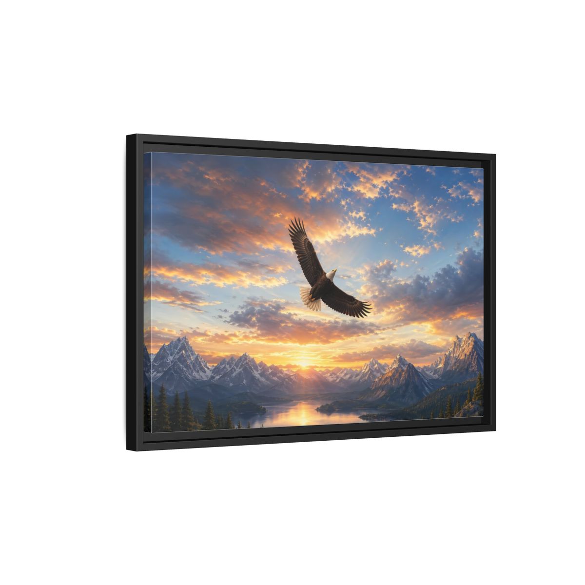 Side Mockup 3. Nature Bald Eagle Eagle Mountain Sunset shown as stretched canvas wall art