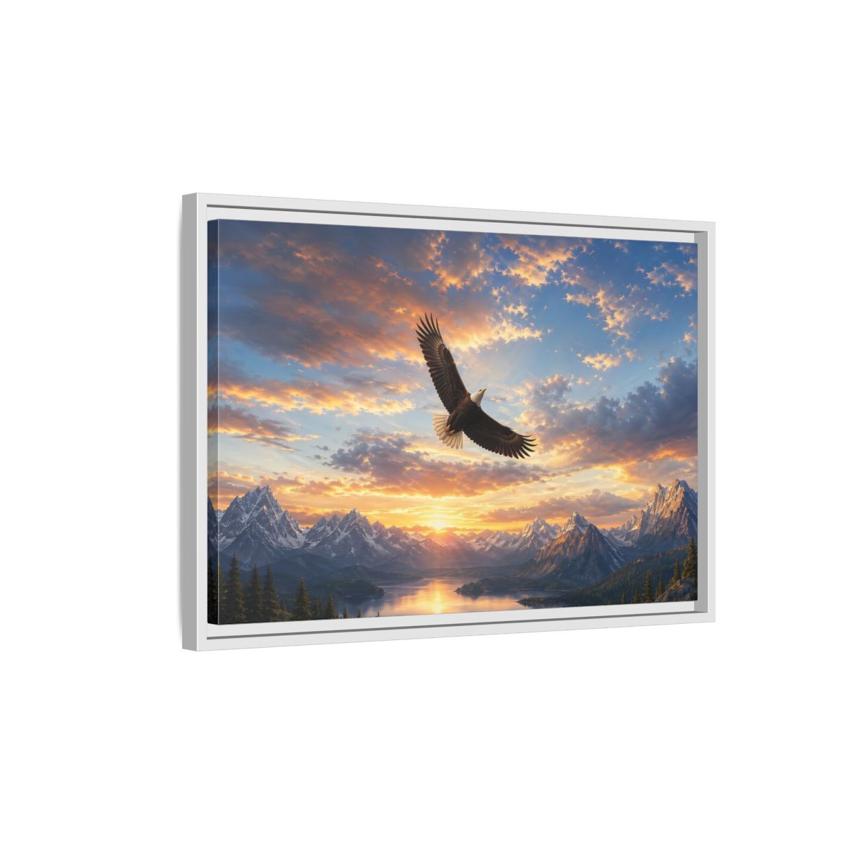 Side Mockup 1. Nature Bald Eagle Eagle Mountain Sunset shown as stretched canvas wall art