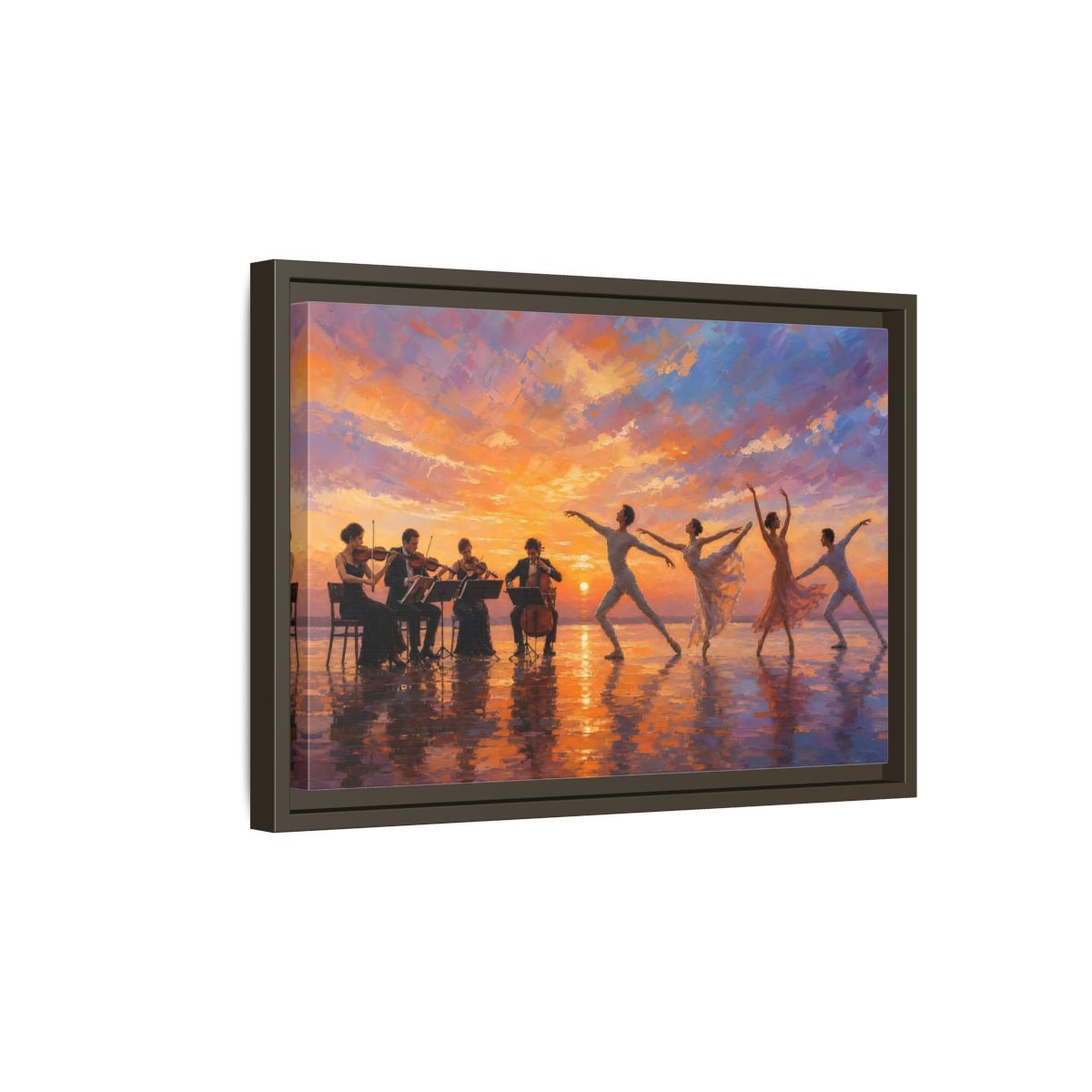 Side Mockup 5. Nature Ballet, Orchestra Sunset Ballet Orchestra shown as framed canvas print