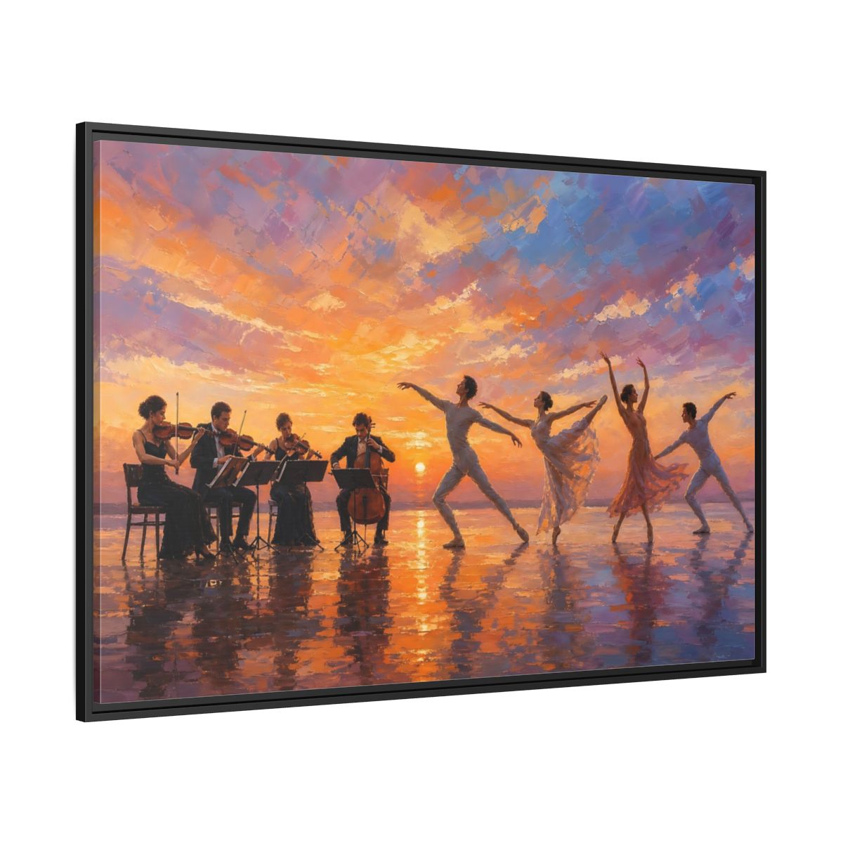 Side Mockup 12. Nature Ballet, Orchestra Sunset Ballet Orchestra shown as framed canvas print