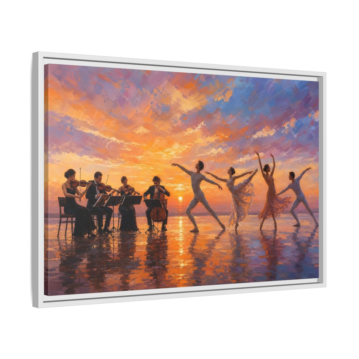 Side Mockup 10. Nature Ballet, Orchestra Sunset Ballet Orchestra shown as framed canvas print