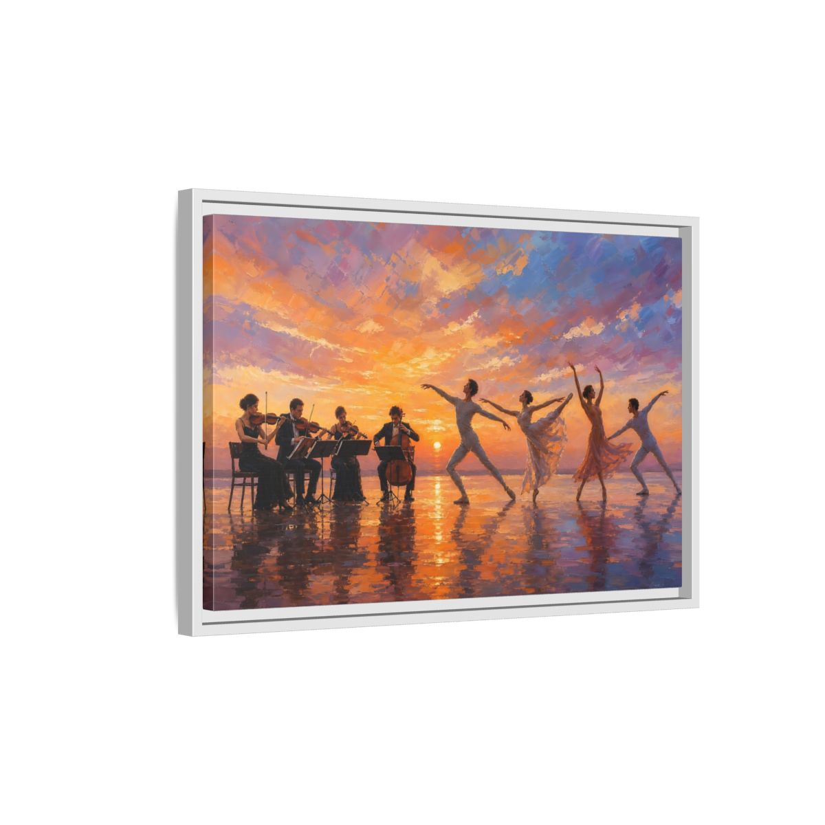 Side Mockup 1. Nature Ballet, Orchestra Sunset Ballet Orchestra shown as framed canvas print