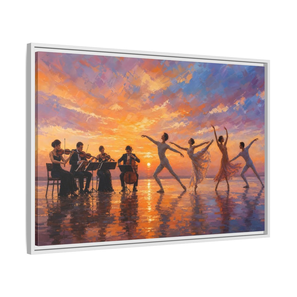 Side Mockup 9. Nature Ballet, Orchestra Sunset Ballet Orchestra shown as framed canvas print