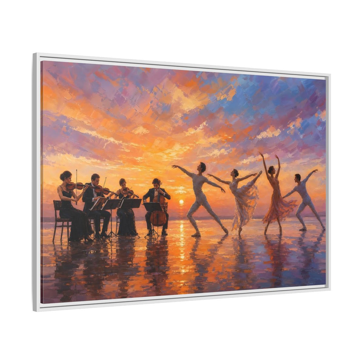 Side Mockup 7. Nature Ballet, Orchestra Sunset Ballet Orchestra shown as framed canvas print