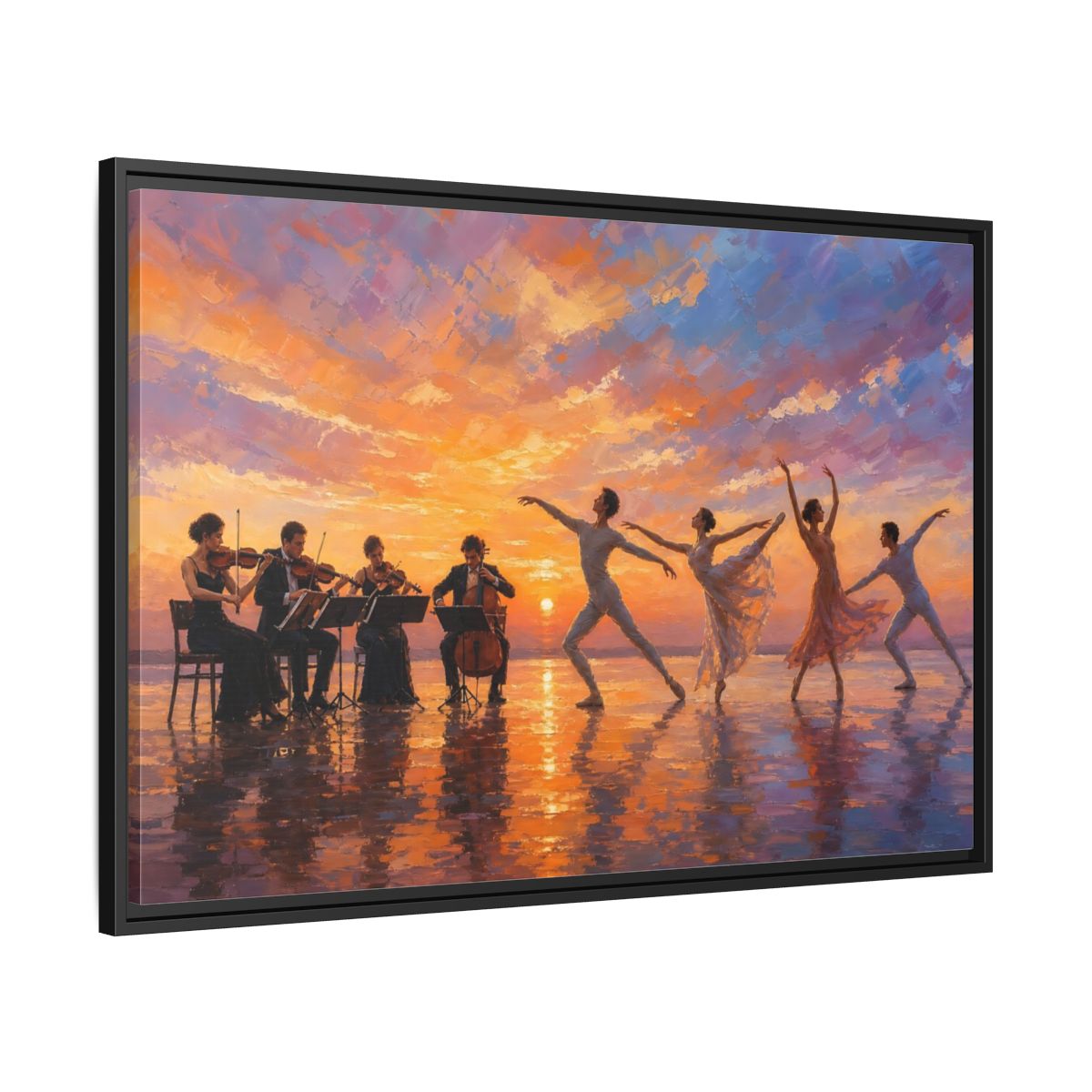 Side Mockup 13. Nature Ballet, Orchestra Sunset Ballet Orchestra shown as framed canvas print