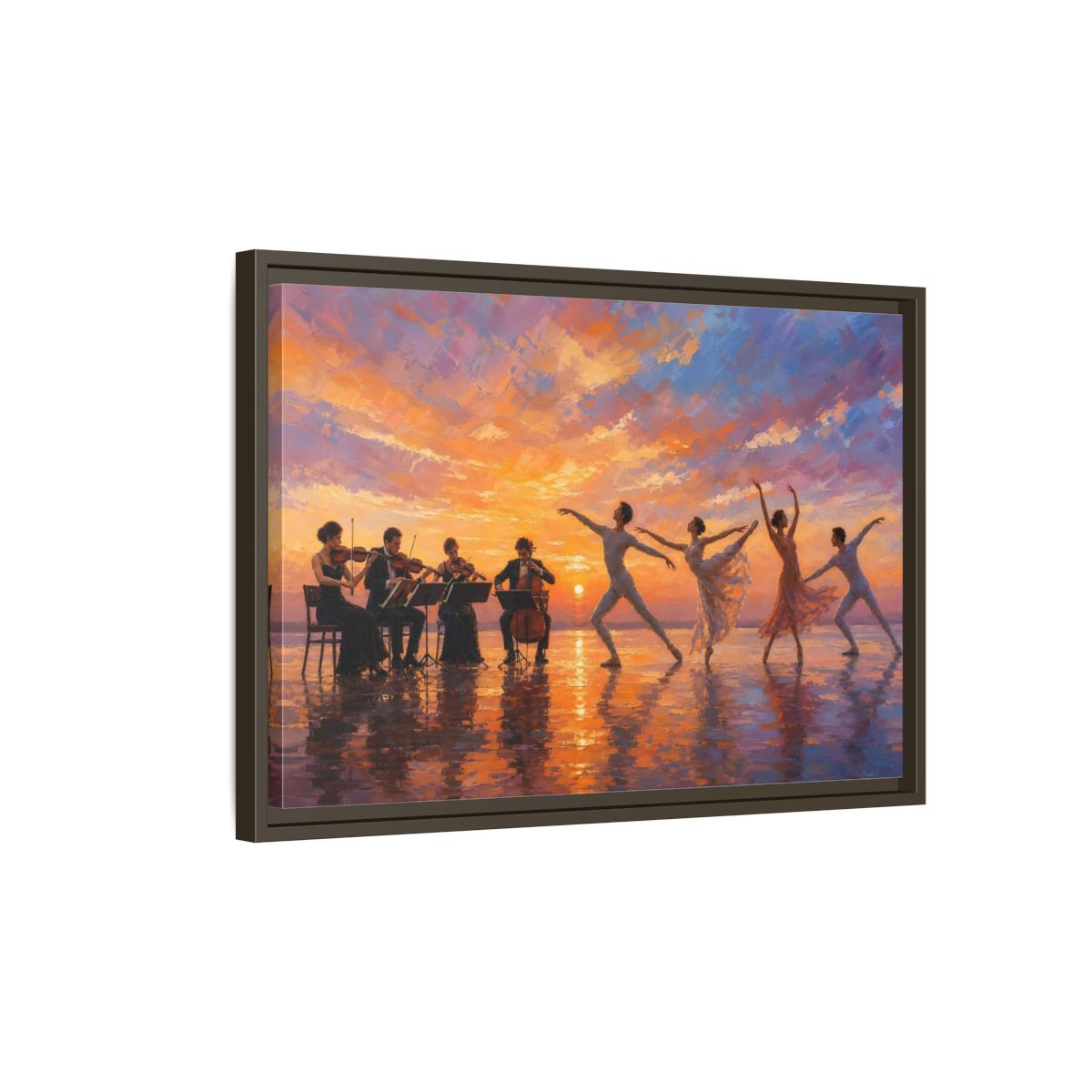 Side Mockup 2. Nature Ballet, Orchestra Sunset Ballet Orchestra shown as framed canvas print