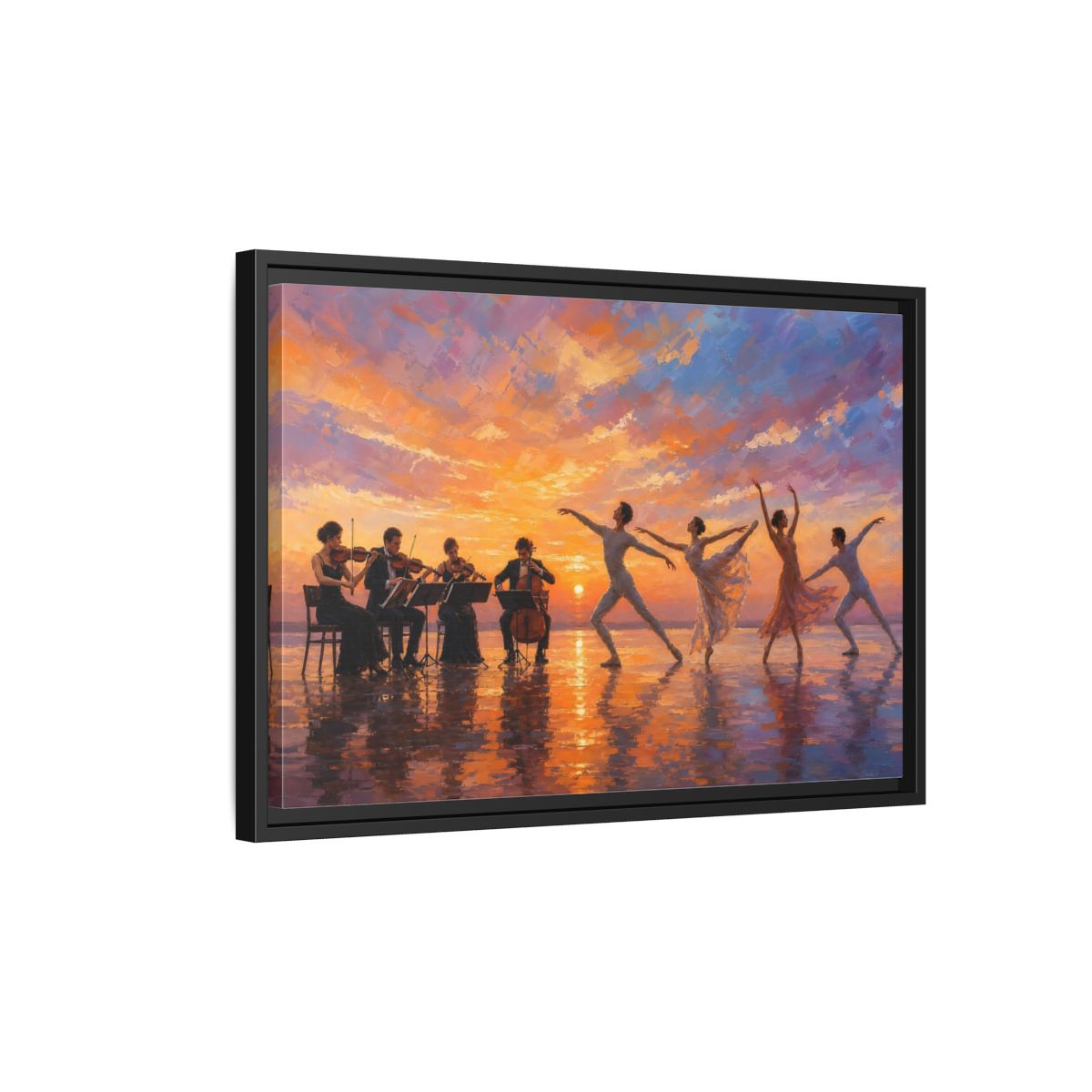 Side Mockup 3. Nature Ballet, Orchestra Sunset Ballet Orchestra shown as framed canvas print