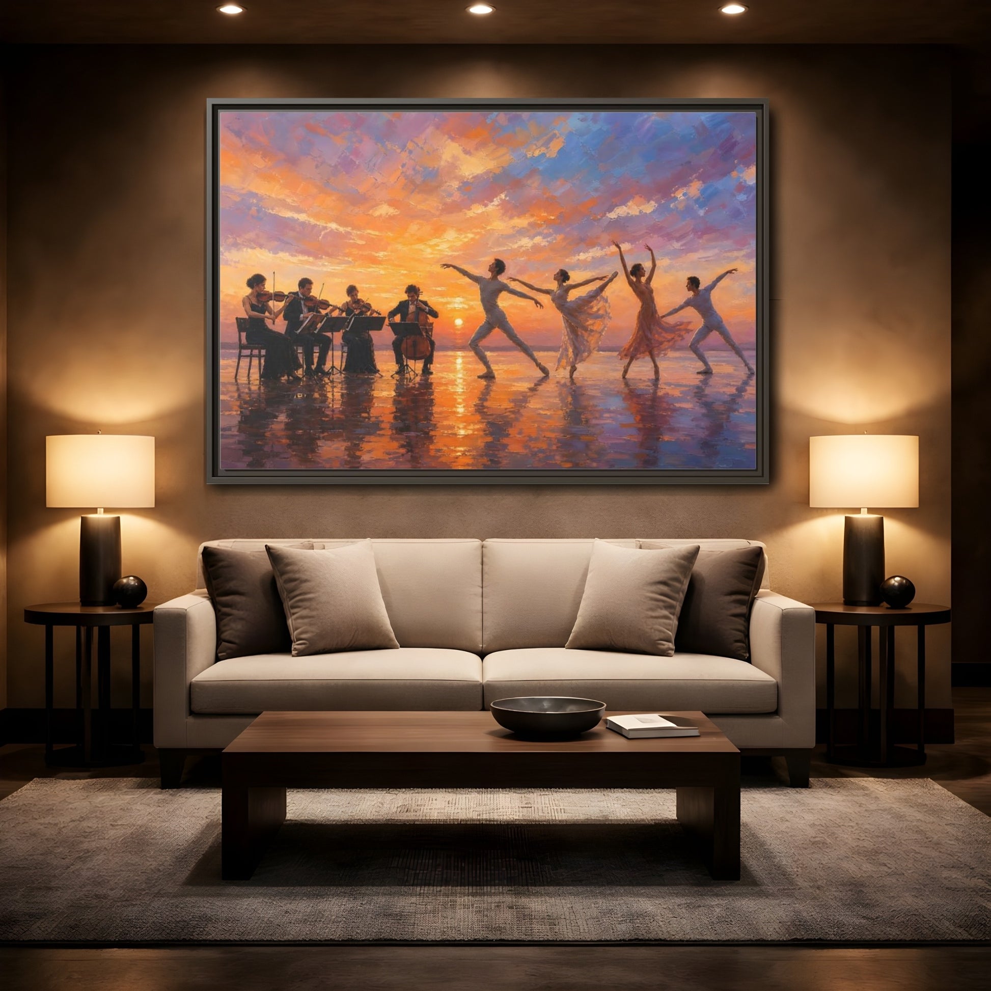 Mockup 2. Nature Ballet, Orchestra Sunset Ballet Orchestra shown as framed canvas print