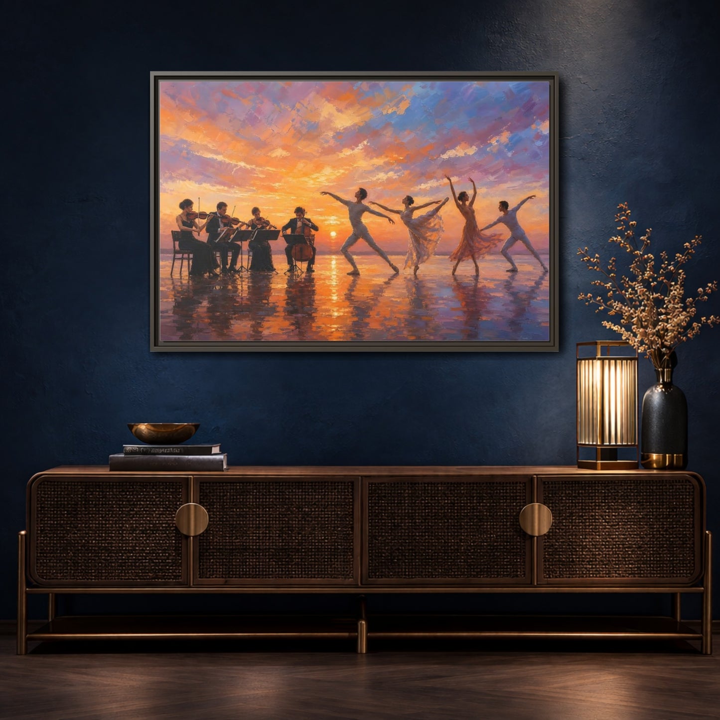Mockup 4. Nature Ballet, Orchestra Sunset Ballet Orchestra shown as framed canvas print